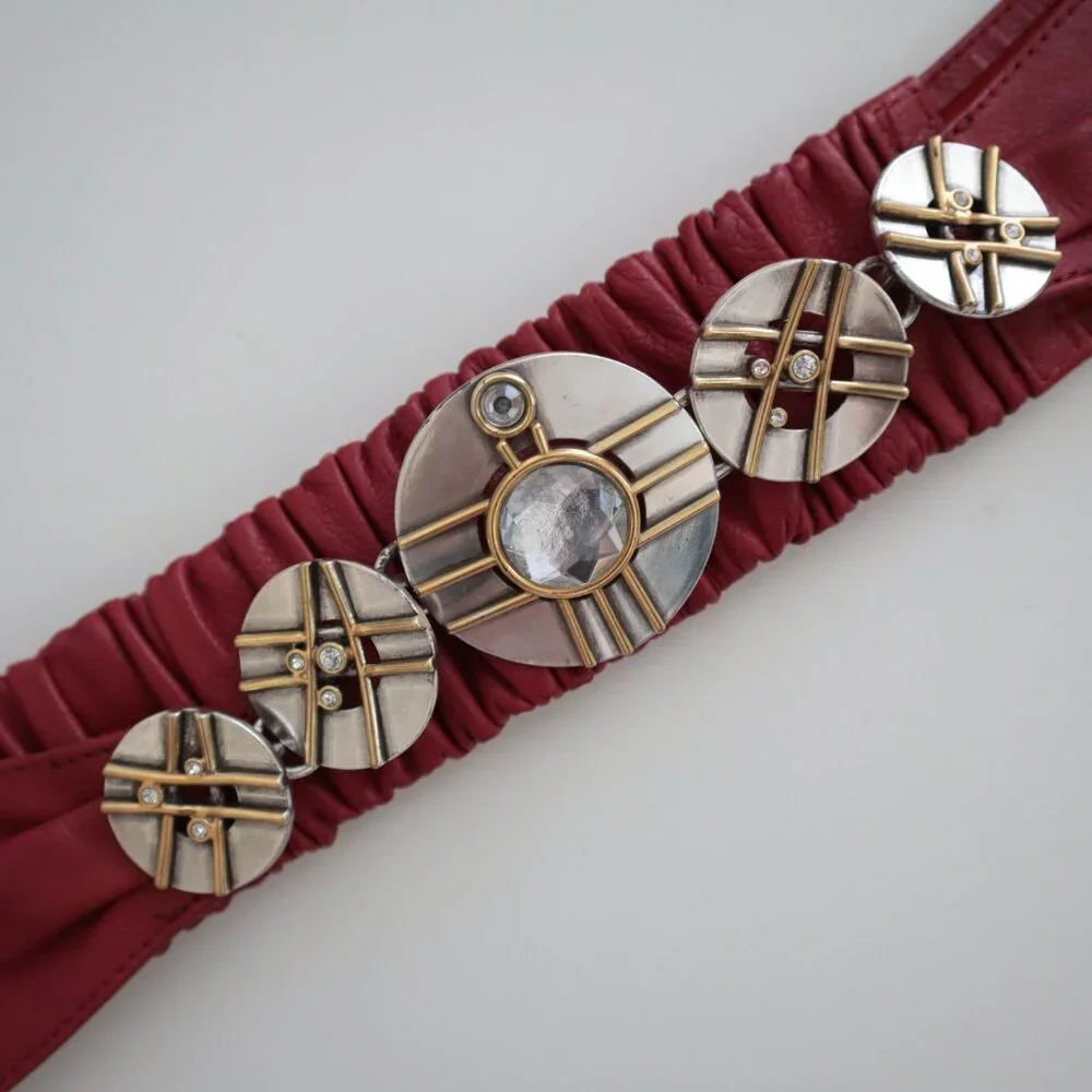 Vintage 80s Leather Belt with Embellished Metal Buckle | M/L